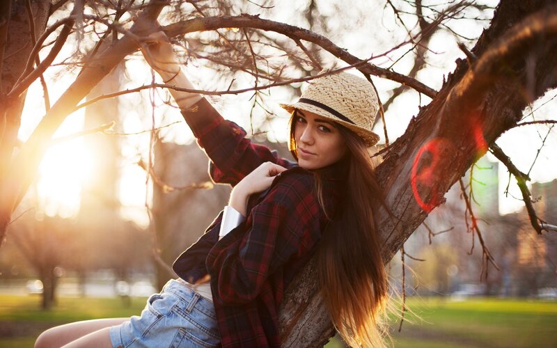 Woman in Plaid Shirt — Brown, Serene, Sunset, Photograph, Tree