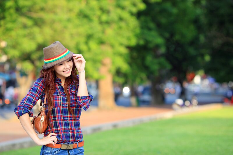 Woman in Plaid Shirt — Green, Relaxed, Afternoon