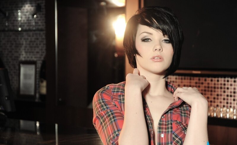 Woman in Plaid Shirt — Red, Dramatic, Night, Photograph, Plaid Shirt, Short Hair, Bar