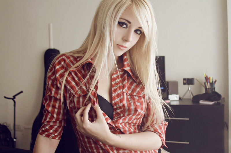 Woman in Plaid Shirt — Red, Neutral, Photograph