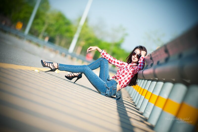 Woman in Plaid Shirt — Red, Relaxed, Afternoon, Photograph, Sunglasses, High Heels