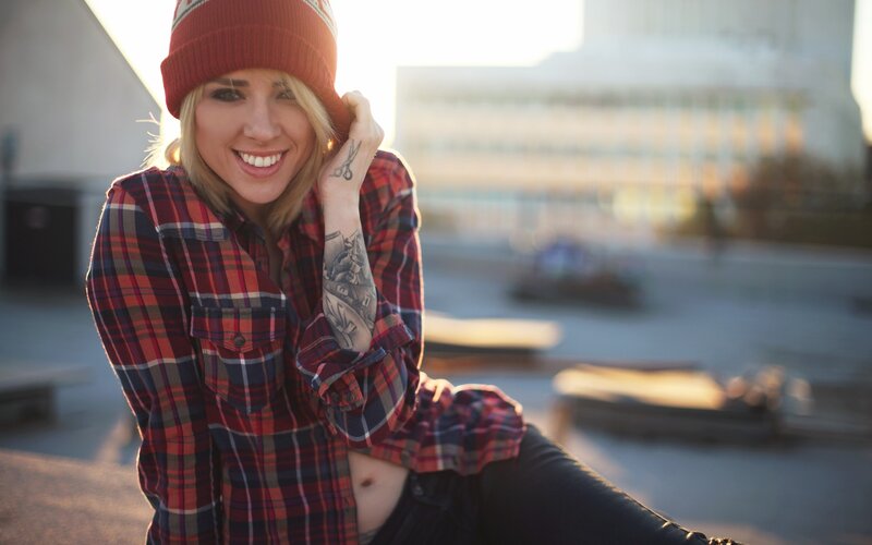 Woman in Plaid Shirt — Red, Relaxed, Sunset, Photograph