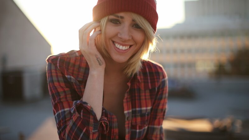 Woman in Plaid Shirt — Red, Warm, Sunset, Photograph, Beanie, Tattoo