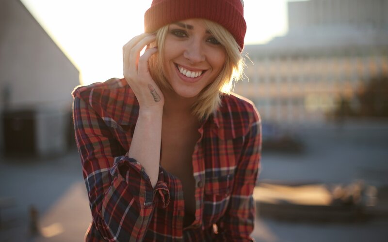 Woman in Plaid Shirt — Red, Warm