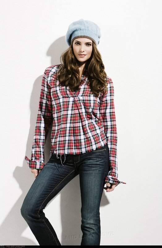Woman in Plaid Shirt — White, Neutral, Photograph, Beanie