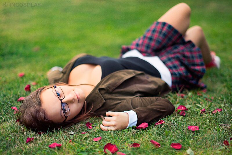 Woman in Plaid Skirt — Green, Calm, Afternoon
