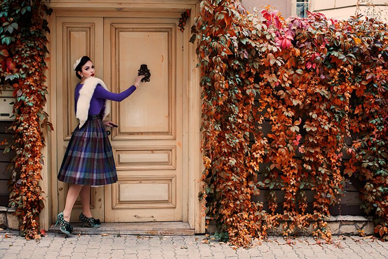 Woman in Plaid Skirt — Purple, Dramatic