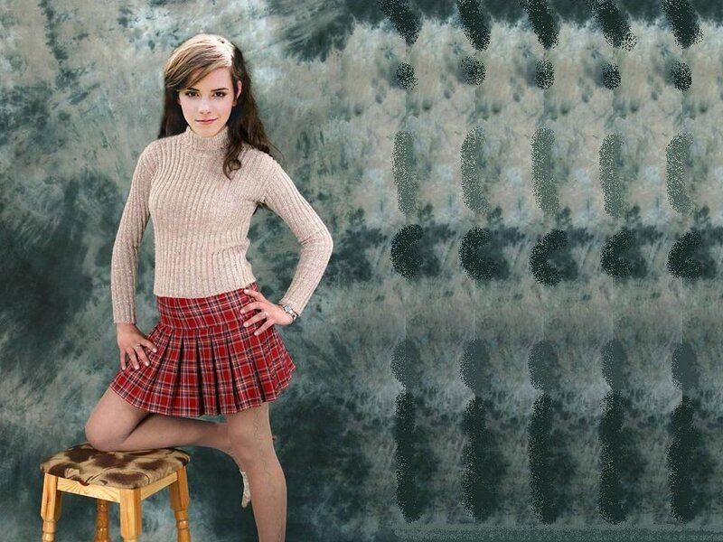 Woman in Plaid Skirt — Red, Confident, Photograph, Stool