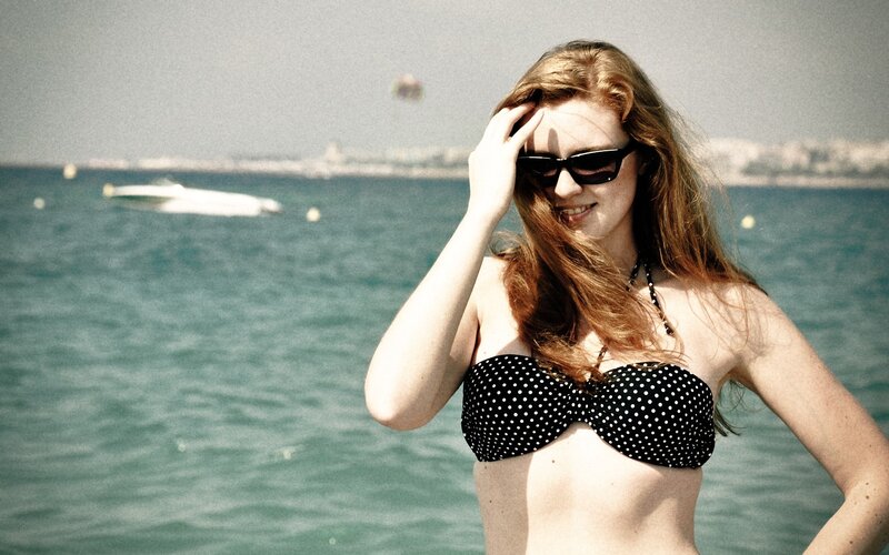 woman in polka dot bikini
