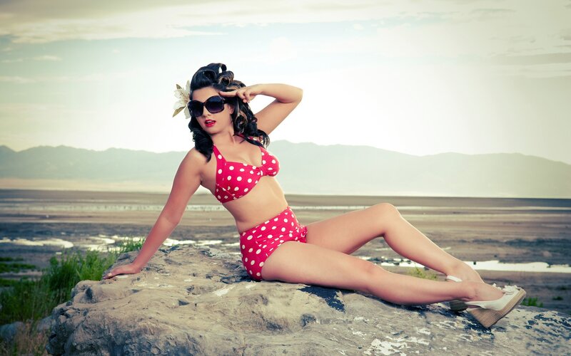 woman in polka dot bikini