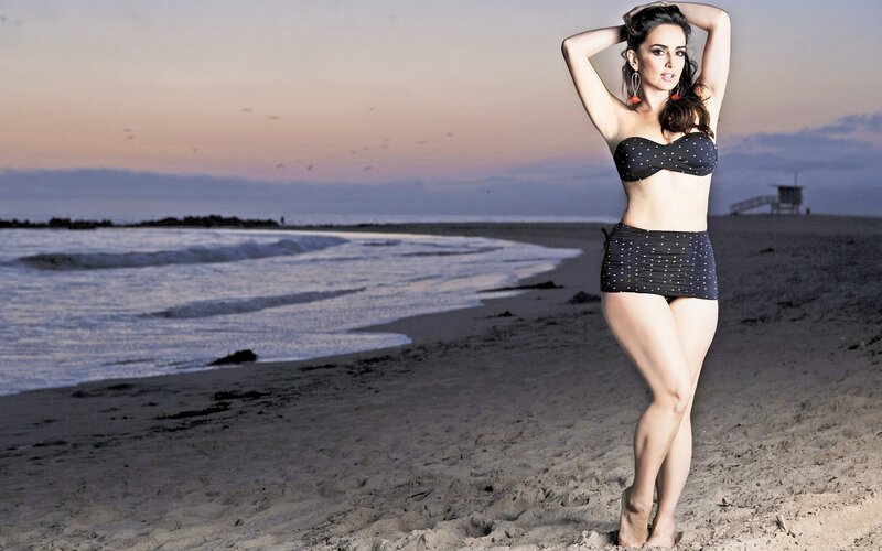 Woman in polka dot bikini on beach