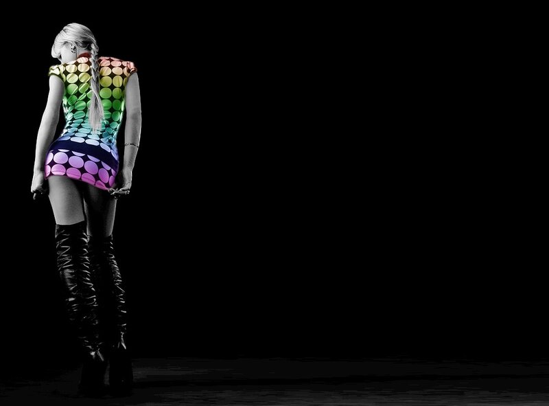 Woman in Polka-dot Dress — Black, Dramatic, Photograph, Boots, Braided Hair, Rainbow