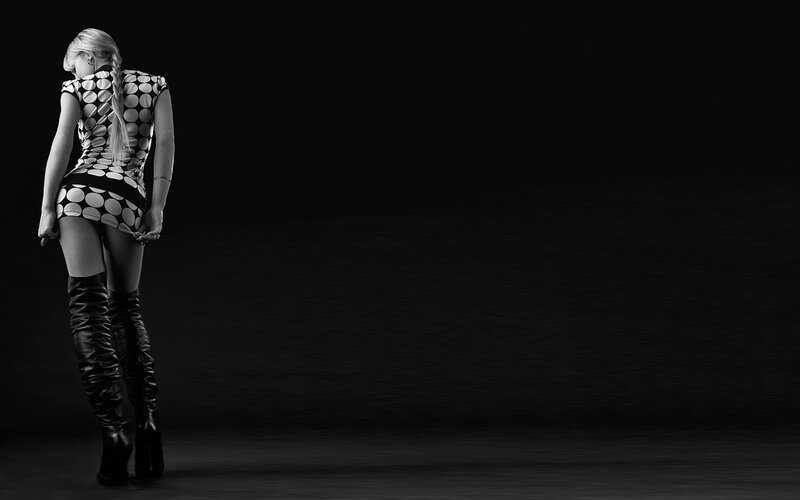 Woman in Polka-dot Dress — Black, Dramatic, Photograph, Boots