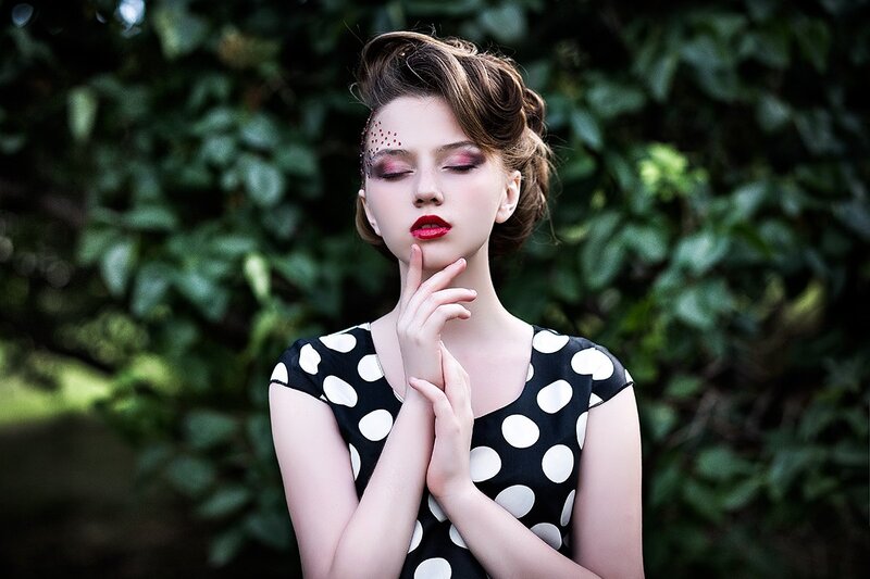 Woman in Polka-dot Dress — Black, Dramatic, Photograph, Makeup