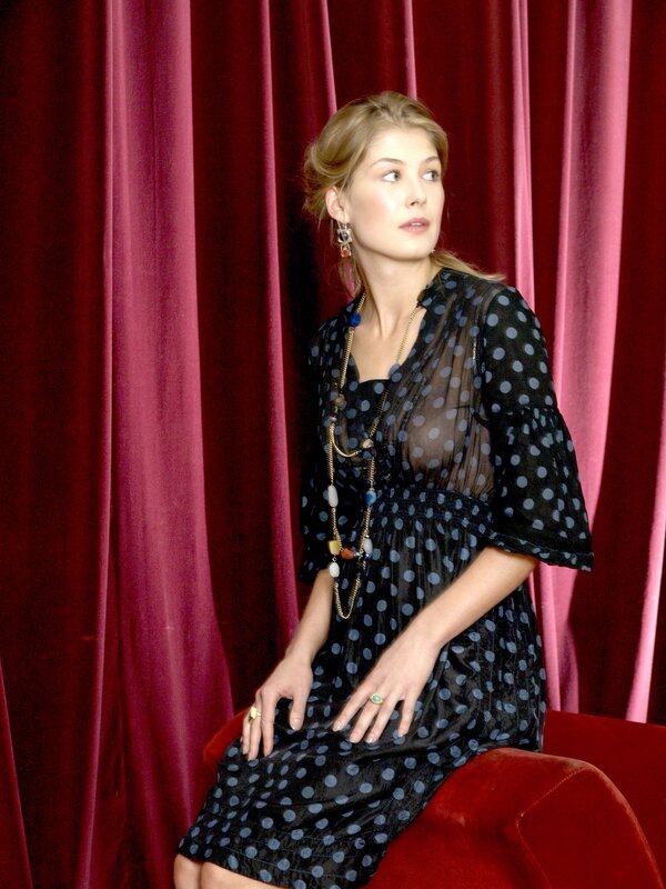 Woman in Polka-dot Dress — Black, Dramatic, Photograph, Red Curtain