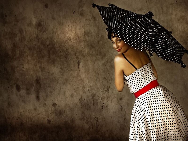 Woman in Polka-dot Dress — Black, Dramatic, Photograph, Umbrella