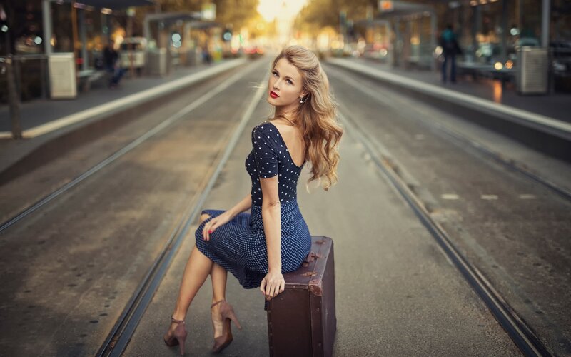 Woman in Polka-dot Dress — Blue, Dramatic, Sunset, Photograph