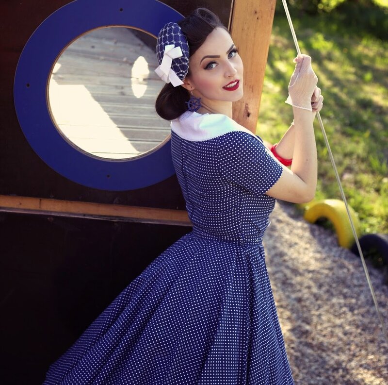 Woman in Polka-dot Dress — Blue, Playful, Afternoon