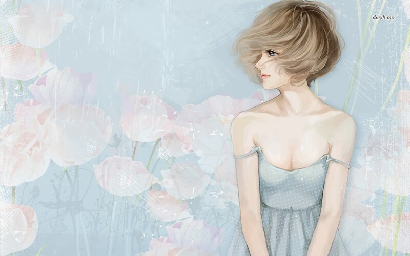 Woman in Polka-dot Dress — Blue, Serene, Digital Art