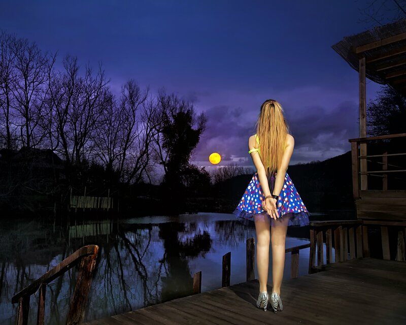 Woman in Polka-dot Dress — Blue, Serene, Night