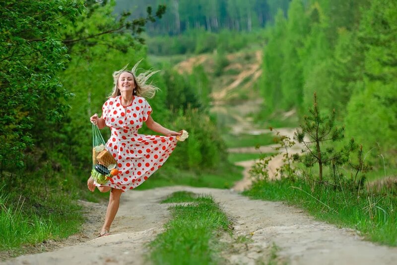Woman in Polka-dot Dress — Green, Joyful