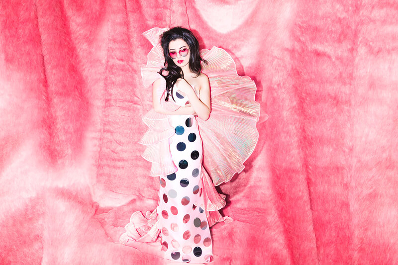 Woman in Polka-dot Dress — Pink, Dramatic, Photograph