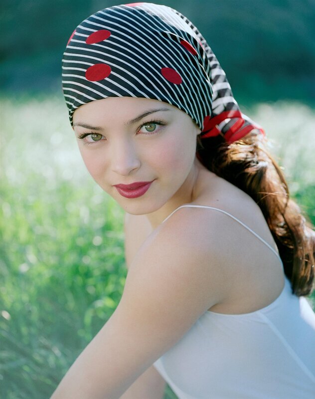 woman in polka dot headscarf
