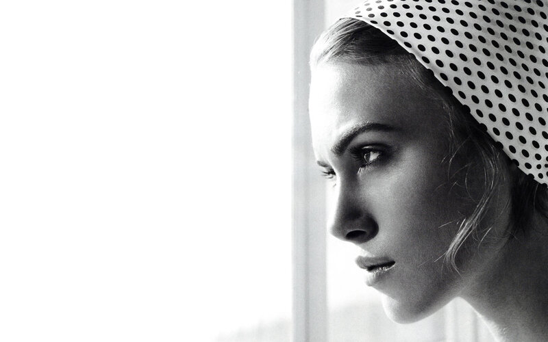 woman in polka dot headscarf
