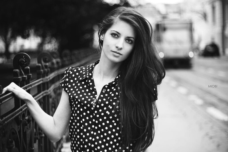 woman in polka dot shirt