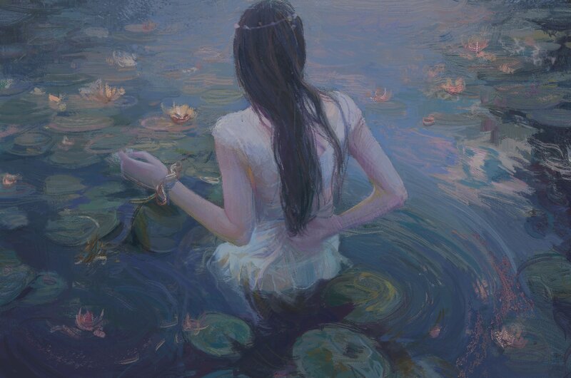 Woman in Pond — Blue, Serene, Night
