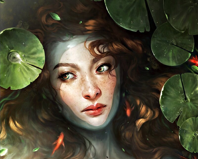 Woman in Pond — Green, Serene, Digital Art, Lily Pads
