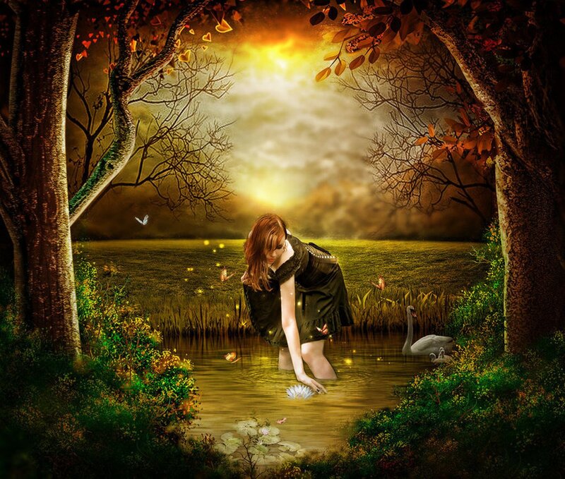 Woman in Pond — Green, Serene, Sunset