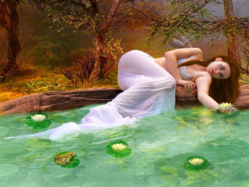 Woman in Pond — Green, Serene