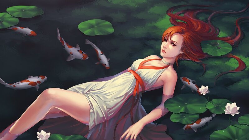 Woman in Pond with Koi — Green