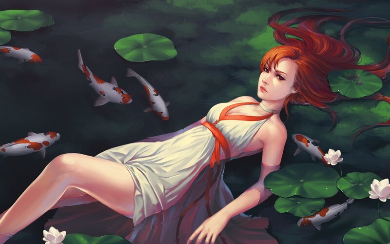 Woman in Pond with Koi