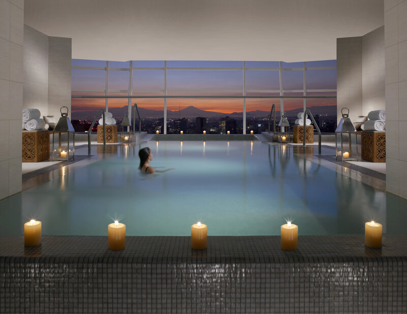 Woman in Pool at Sunset — Blue, Serene
