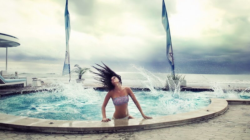 Woman in Pool — Blue, Dramatic, Afternoon, Photograph, Ocean, Flags