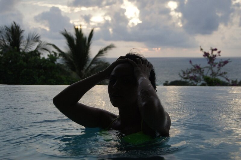 Woman in Pool — Blue, Serene, Sunset, Photograph