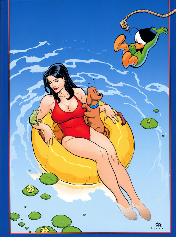 Woman in pool with dog and duck