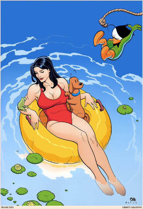 Woman in pool with dog and duck