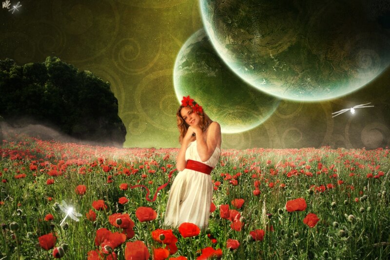 Woman in Poppy Field — Green, Dreamy