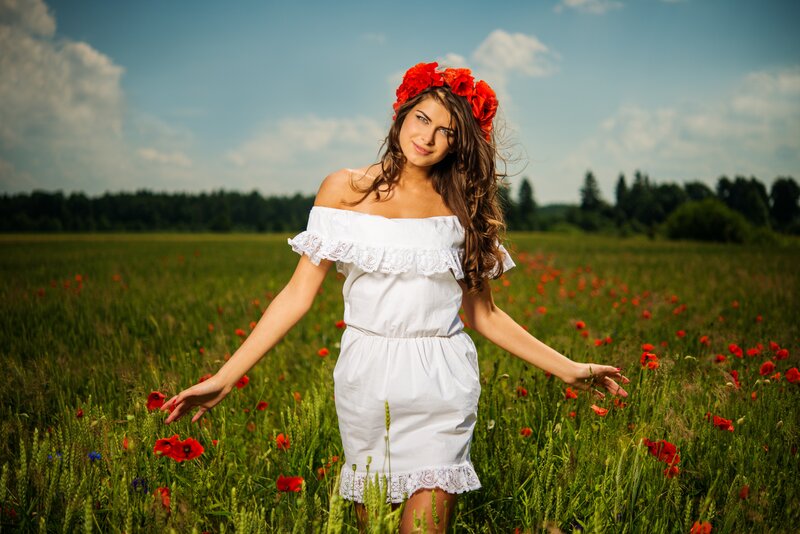 Woman in Poppy Field — Green, Serene, Afternoon