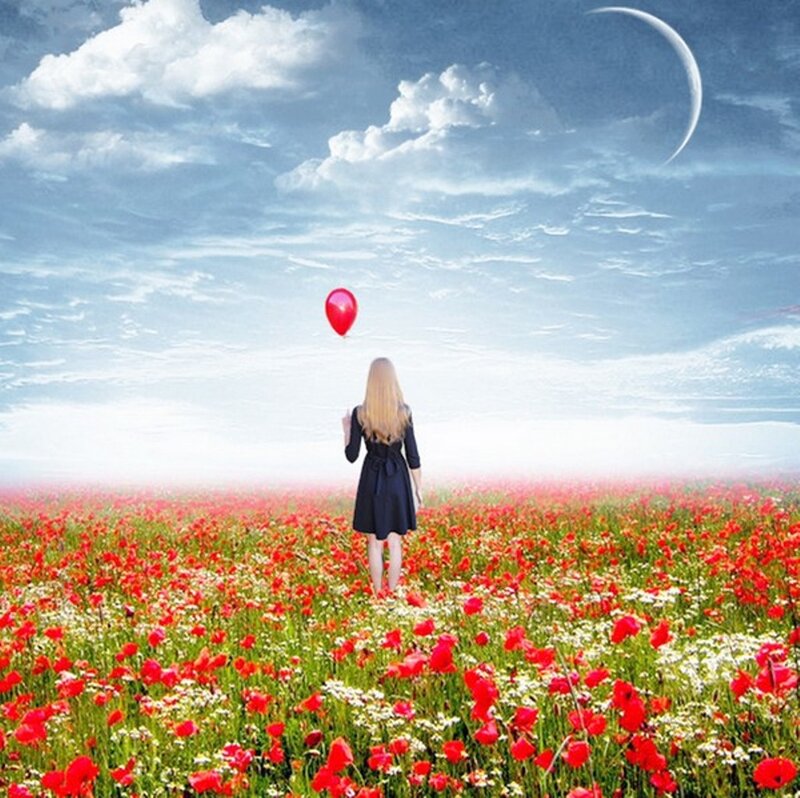 Woman in Poppy Field — Red, Serene, Afternoon, Digital Art, Balloon