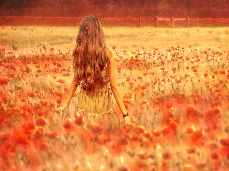 Woman in Poppy Field — Red, Serene, Afternoon, Digital Art