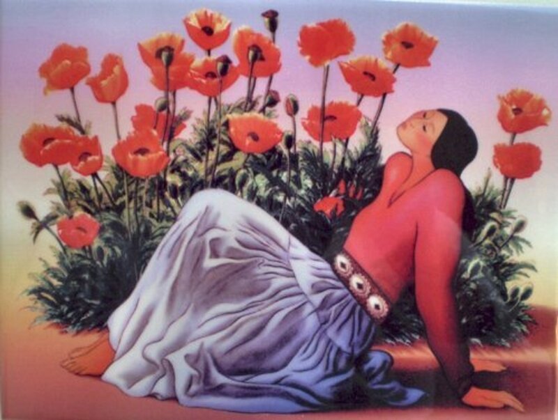 Woman in Poppy Field — Red, Serene, Afternoon, Painting, Poppy Flowers, Skirt