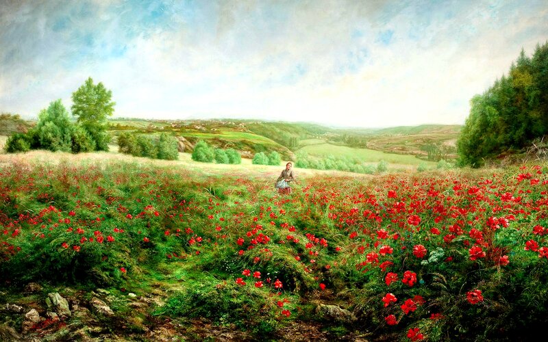 Woman in Poppy Field — Red, Serene, Afternoon, Painting, Poppy Flowers