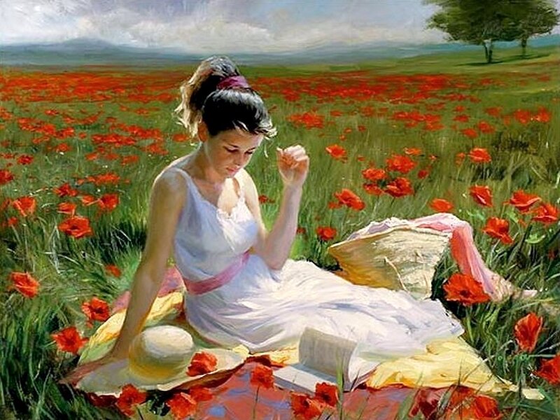 Woman in Poppy Field — Red, Serene, Afternoon, Painting