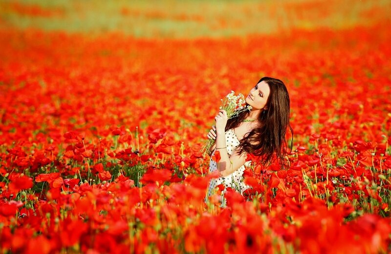 Woman in Poppy Field — Red, Serene, Afternoon, Photograph, Flowers, Dress