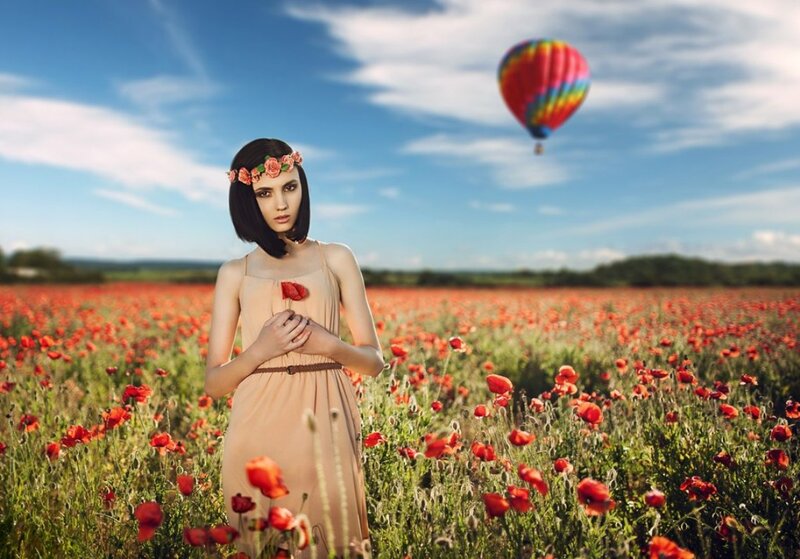 Woman in Poppy Field — Red, Serene, Afternoon, Photograph, Hot Air Balloon