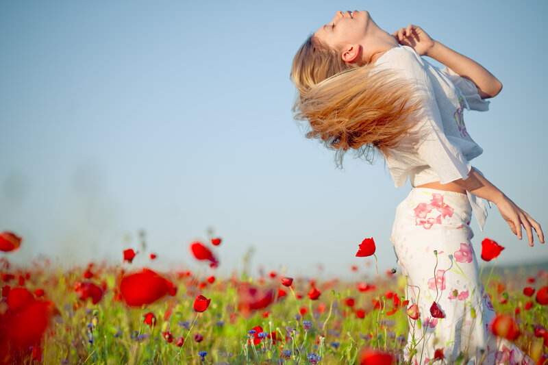 Woman in Poppy Field — Red, Serene, Afternoon, Photograph, Poppy Flowers, Blonde Hair